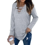 Nlife Women Long Sleeve Top Criss Cross V Neck Solid Blouse Tunic Top Basic Pullover